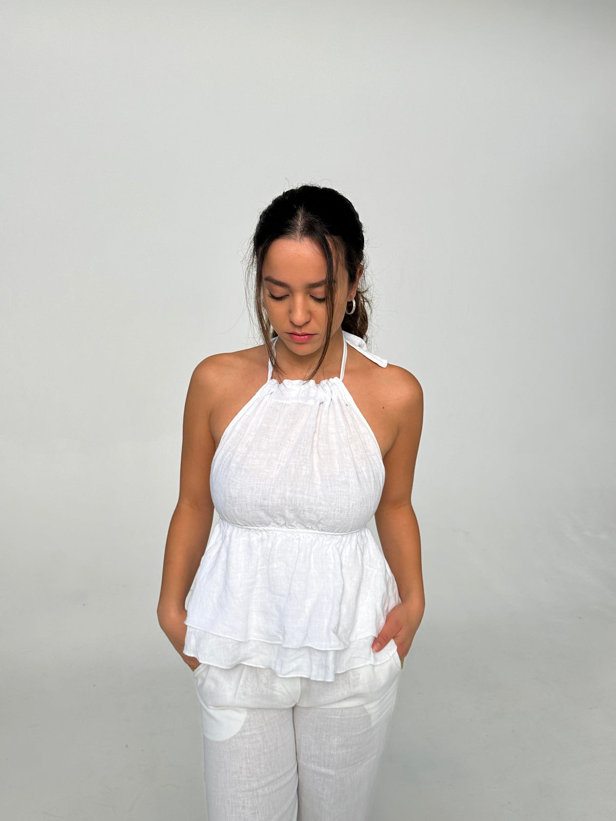 Cleo linen top with open back - White
