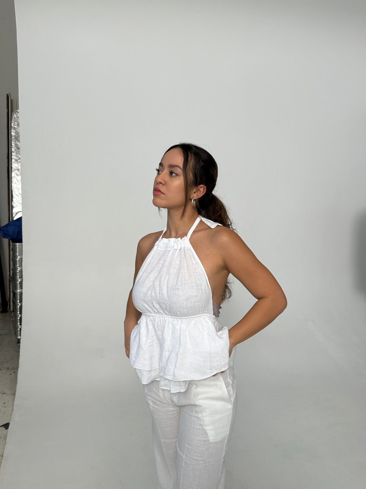 Cleo linen top with open back - White
