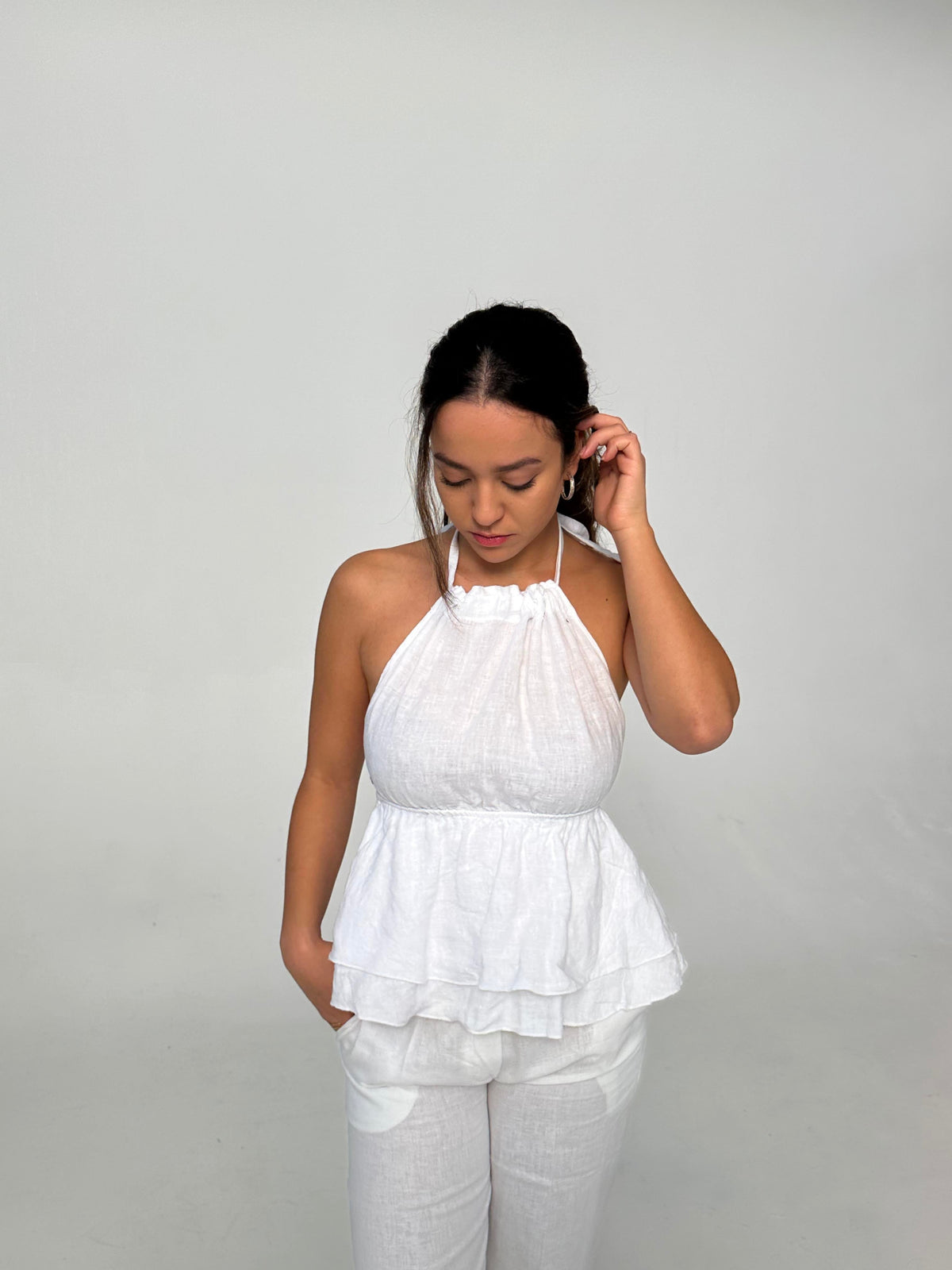 Cleo linen top with open back - White