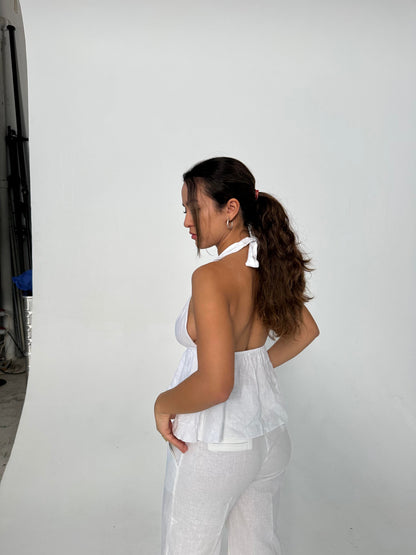 Cleo linen top with open back - White