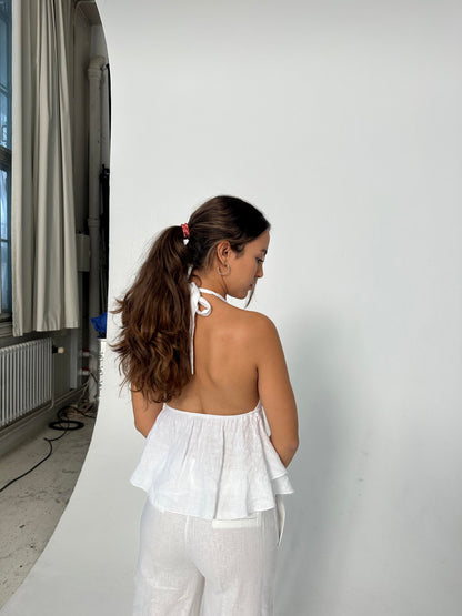Cleo linen top with open back - White