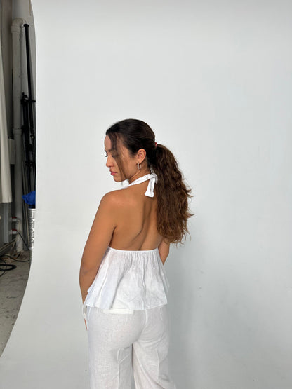 Cleo linen top with open back - White