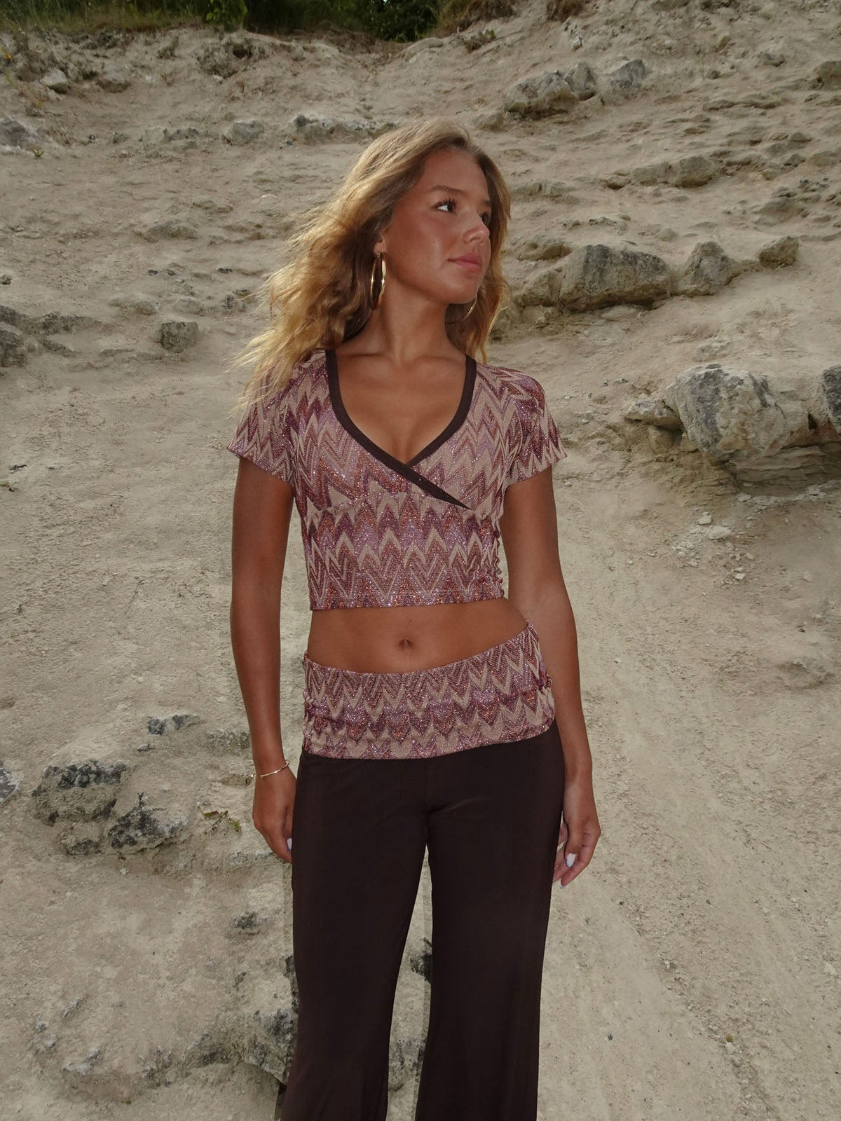 Cosima top with glitter – Brown/Beige/Pink