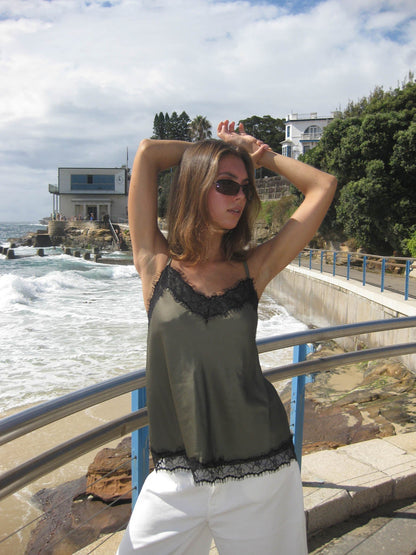 Daniana satin top with lace - Khaki