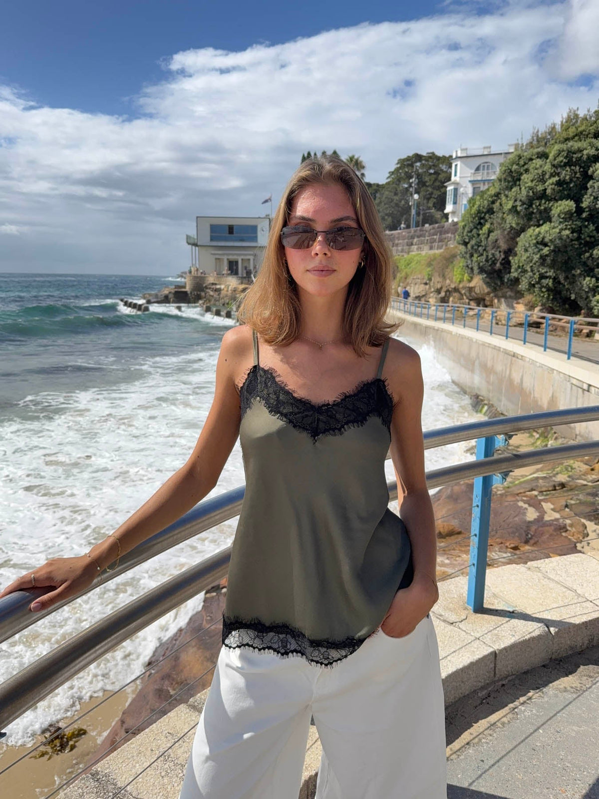 Daniana satin top with lace - Khaki