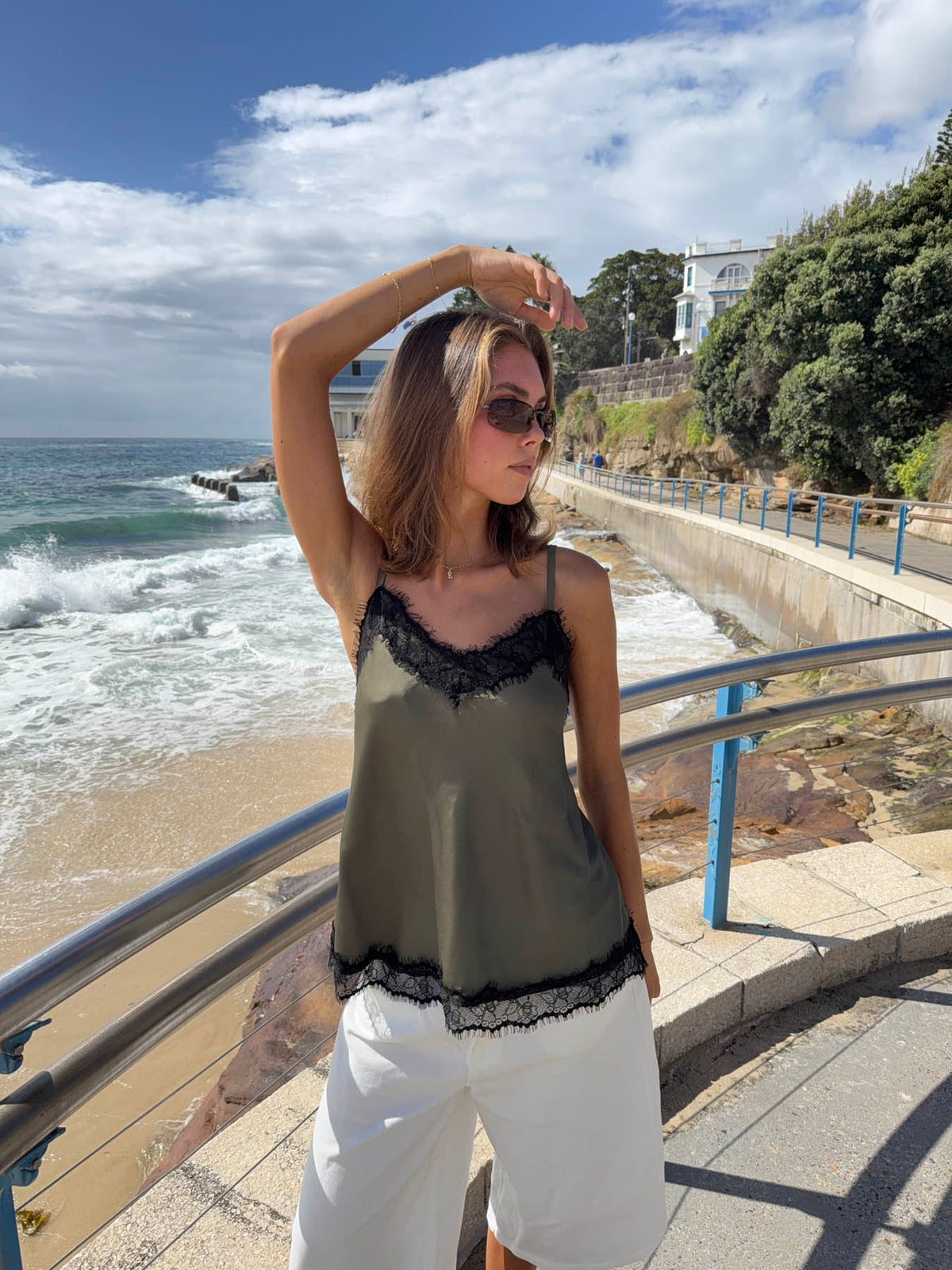 Daniana satin top with lace - Khaki