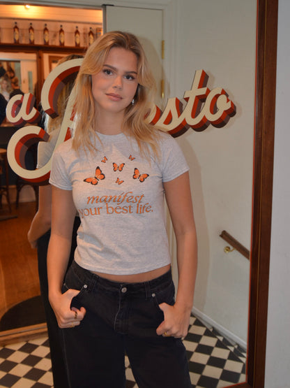 "Manifest your best life" baby tee - Grey