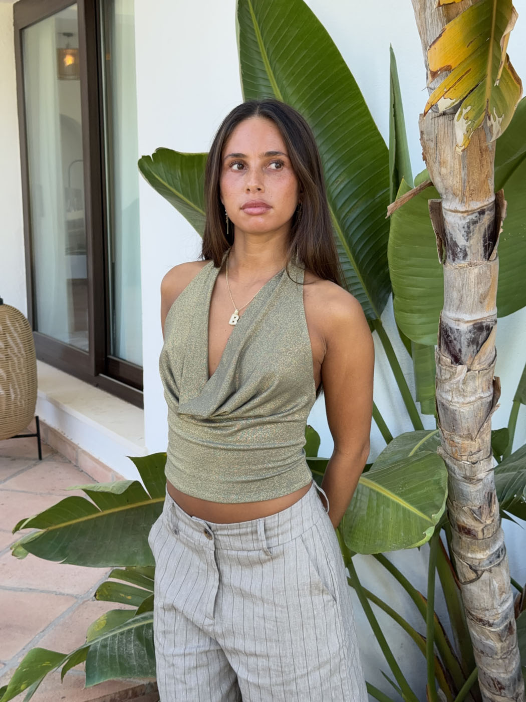 Martha halterneck top with glitter – Khaki