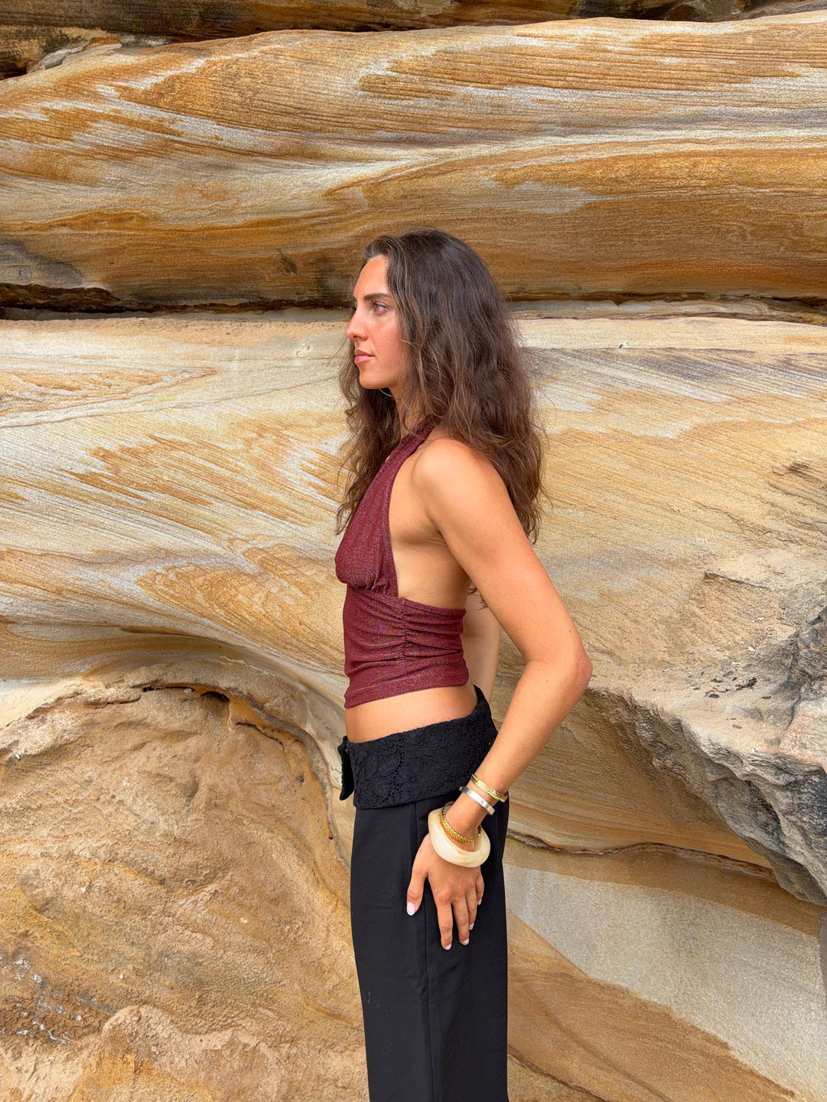 Mira halterneck top with glitter - Rust