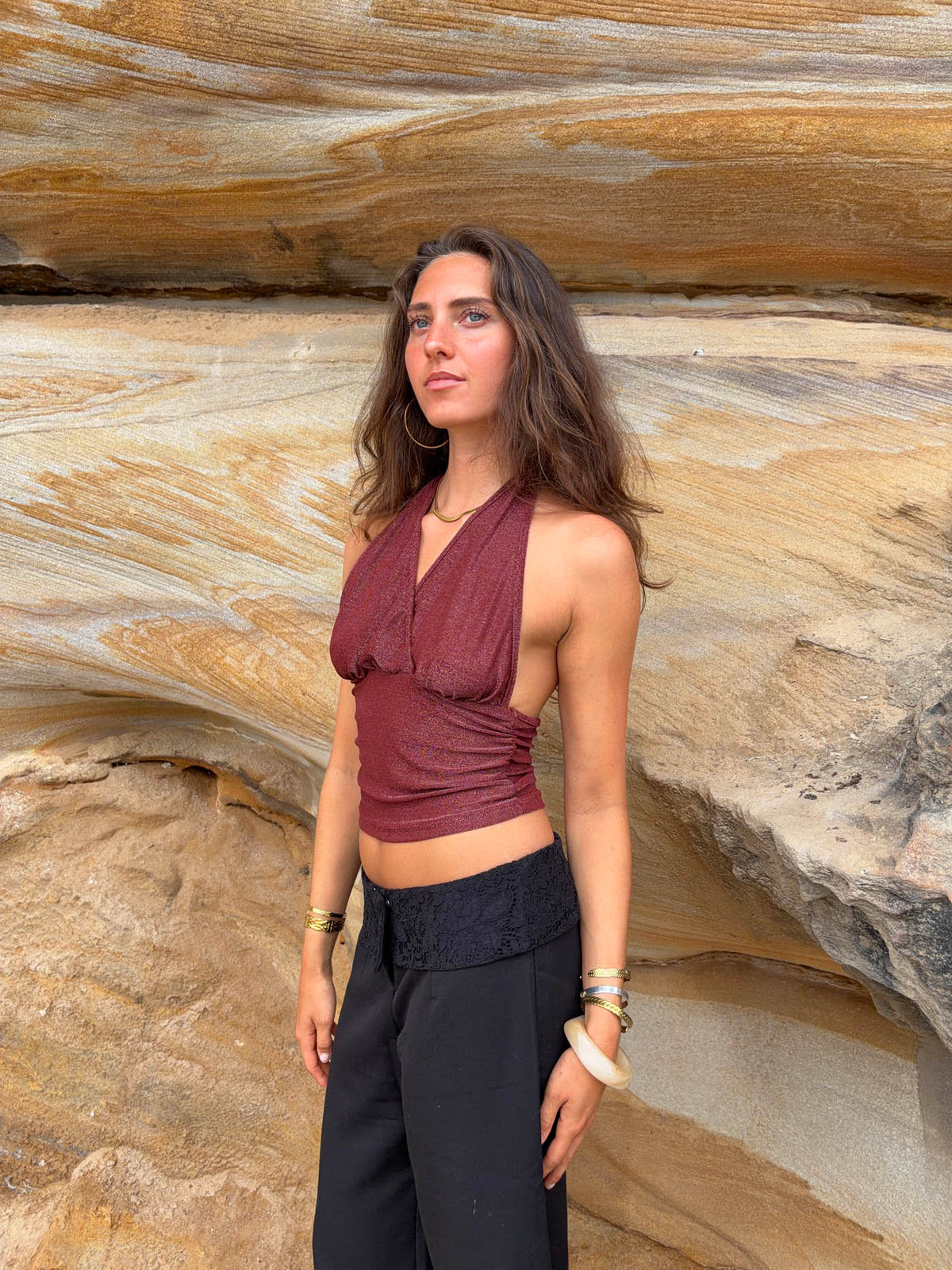 Mira halterneck top with glitter - Rust