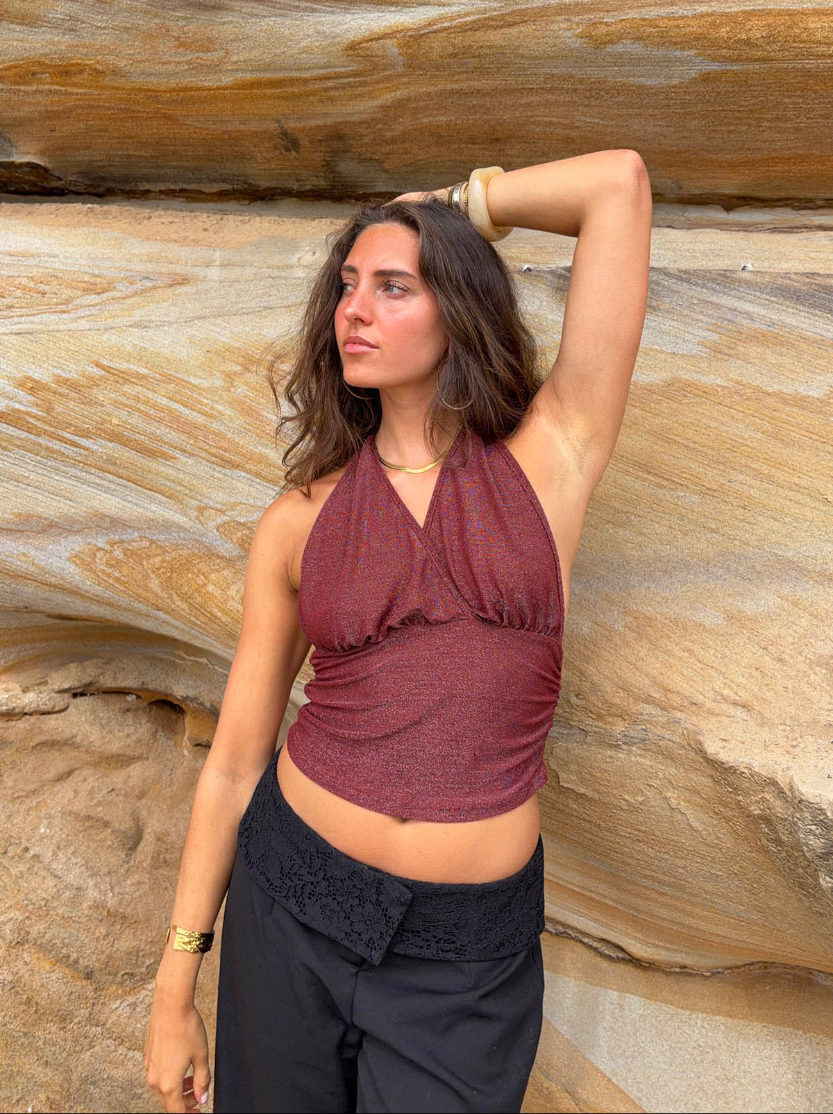 Mira halterneck top with glitter - Rust