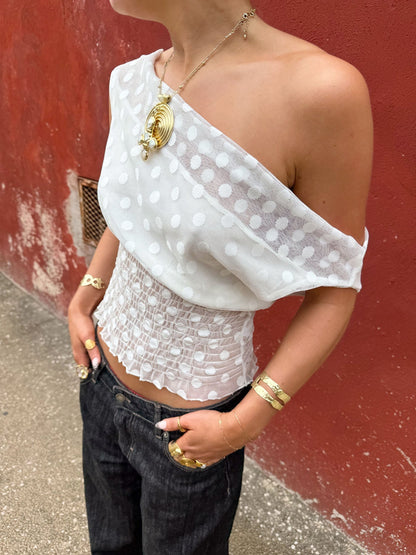 Scandivv mesh top with polka dots – White