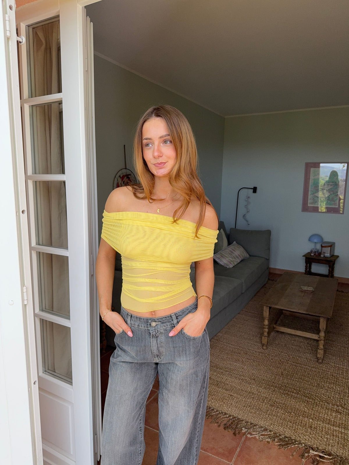 Victoire off shoulder top in mesh - Yellow