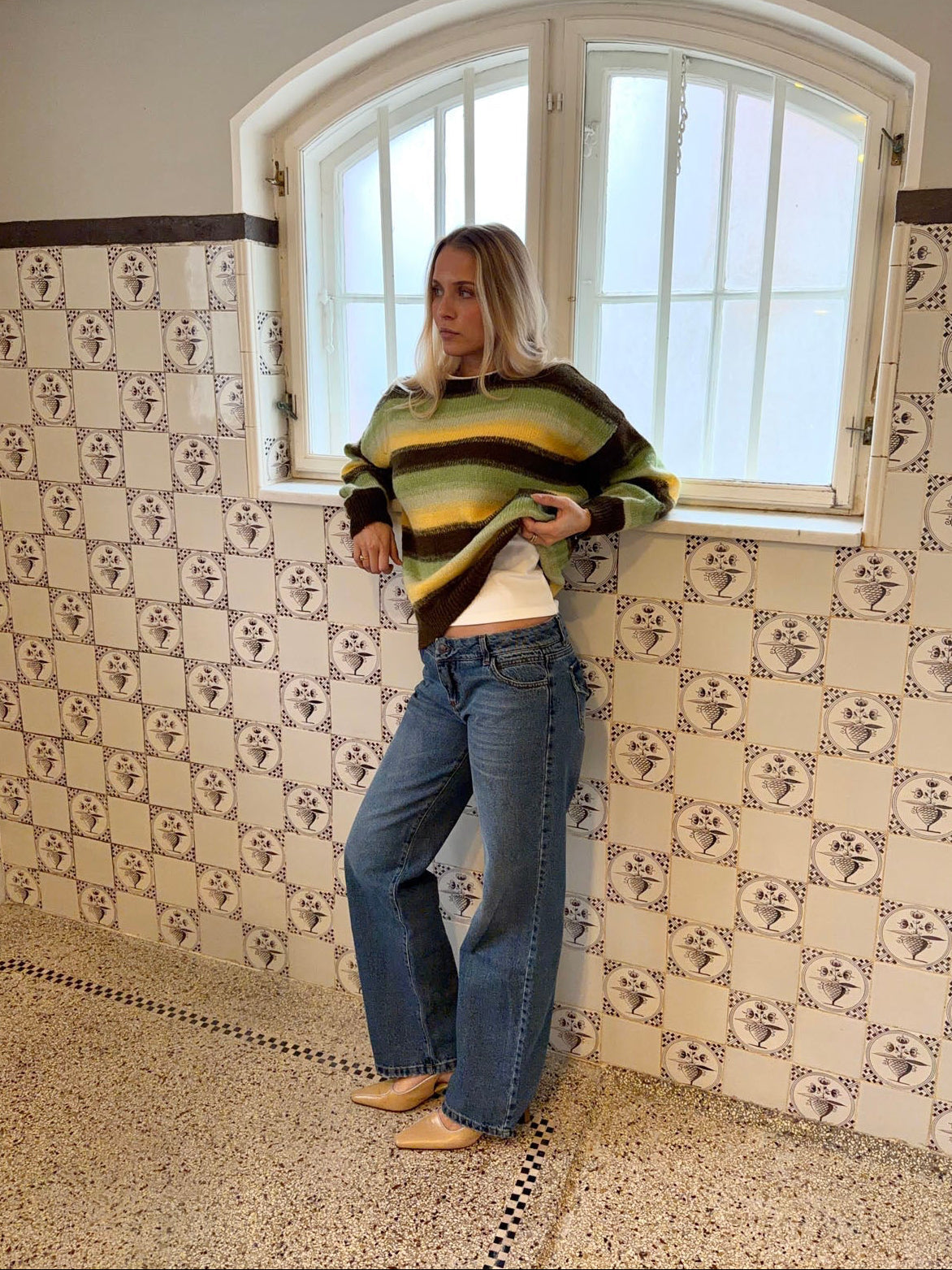 Raina knit with stripes - Brown/green/yellow