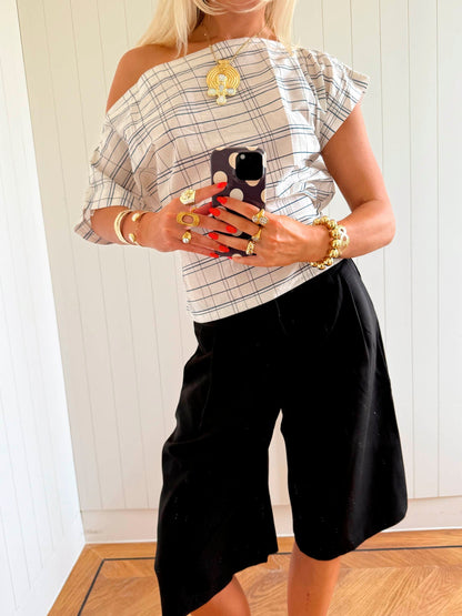 Scandivv off shoulder top with checkers - White/navy