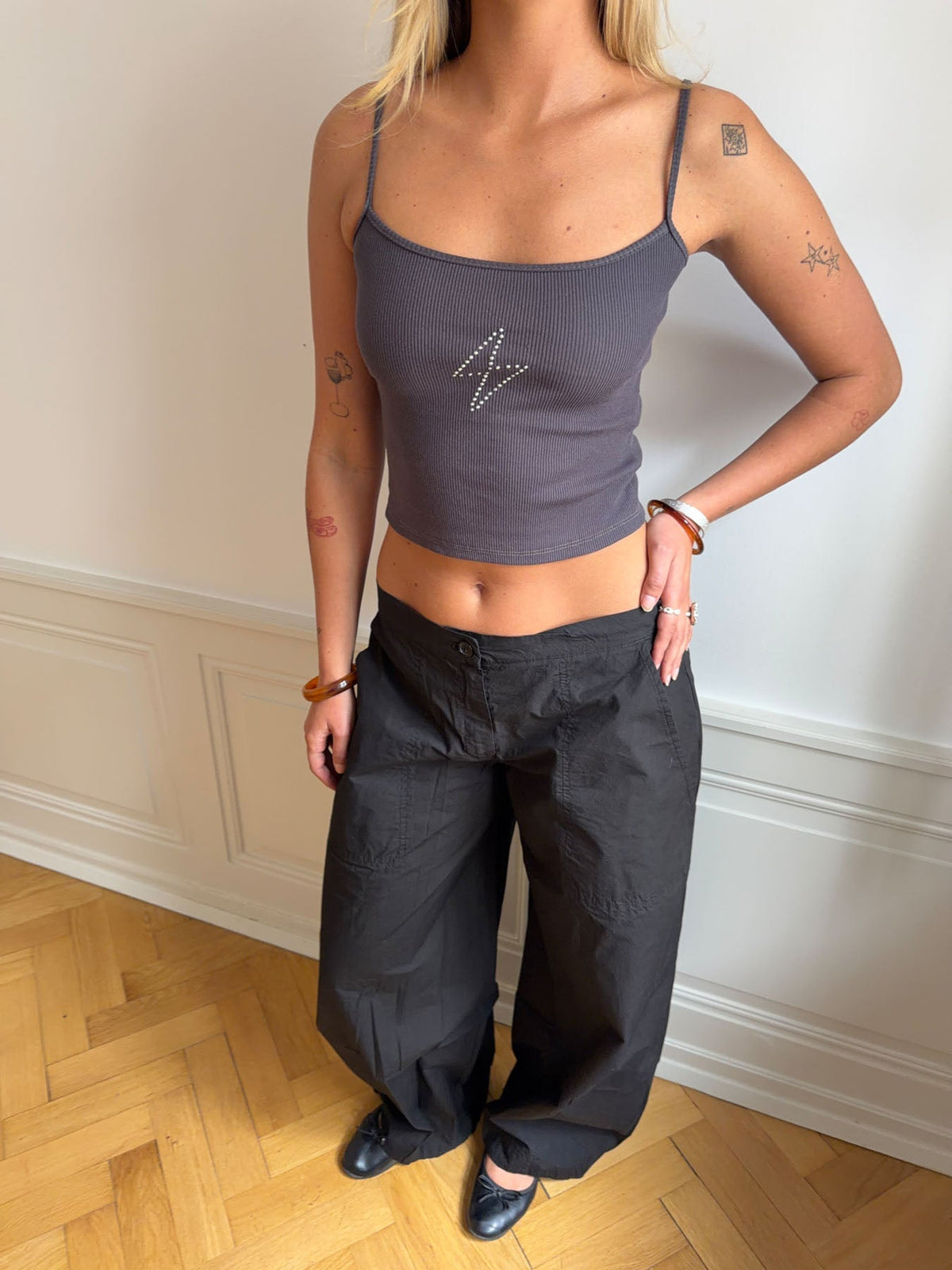 Thilde tank top with rhinestone lightning - Dark grey