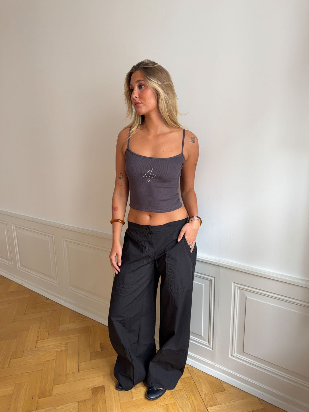 Thilde tank top with rhinestone lightning - Dark grey