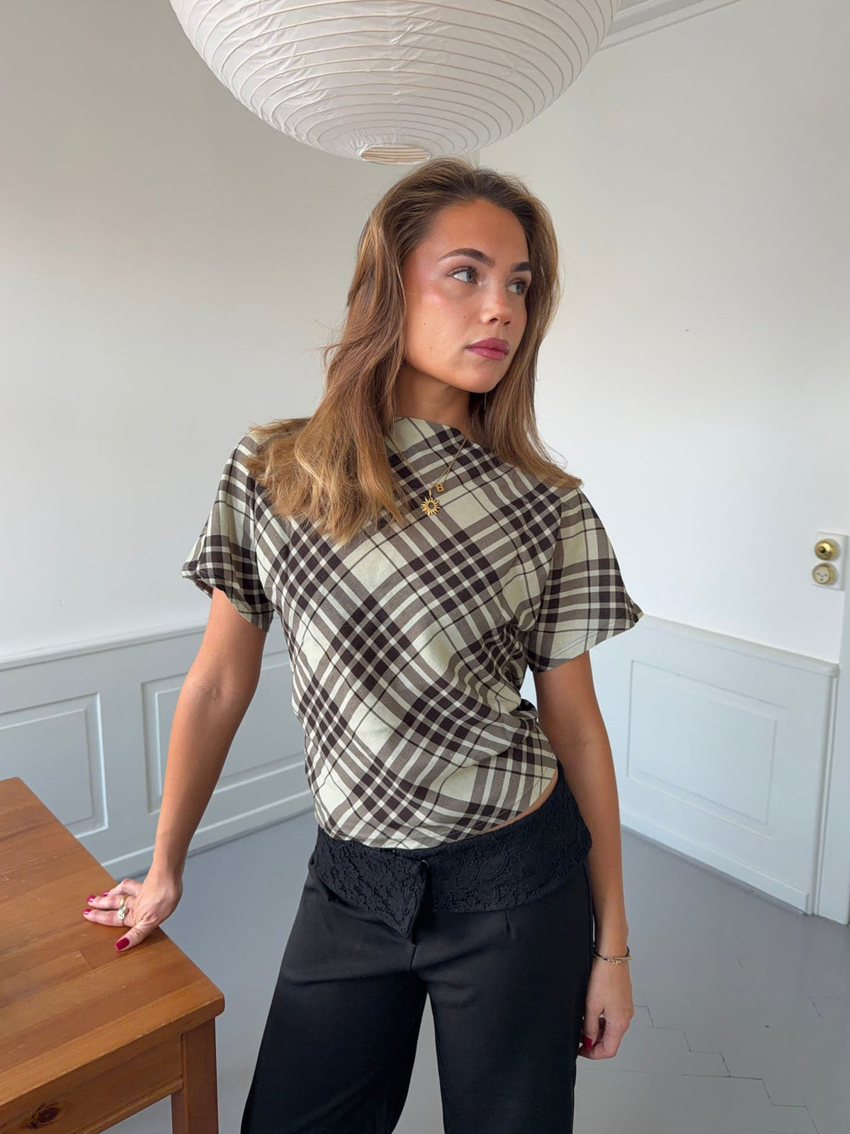 Ea checkered top with open back - Brown/green
