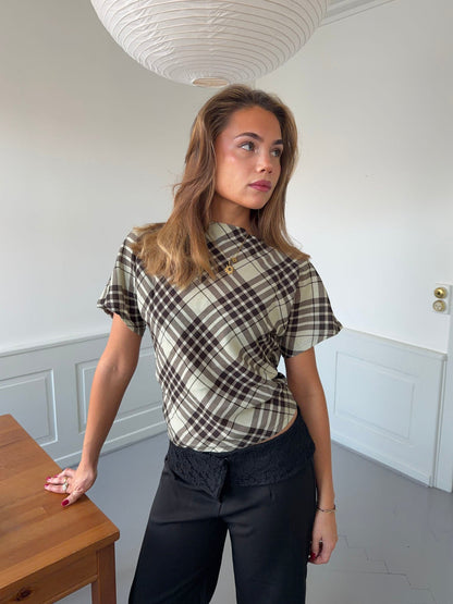 Ea checkered top with open back - Brown/green