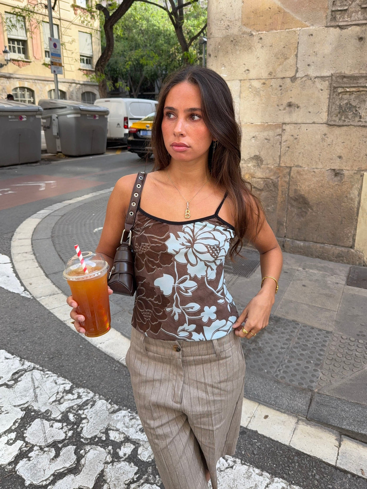 Candela top with flowers – Blue/brown