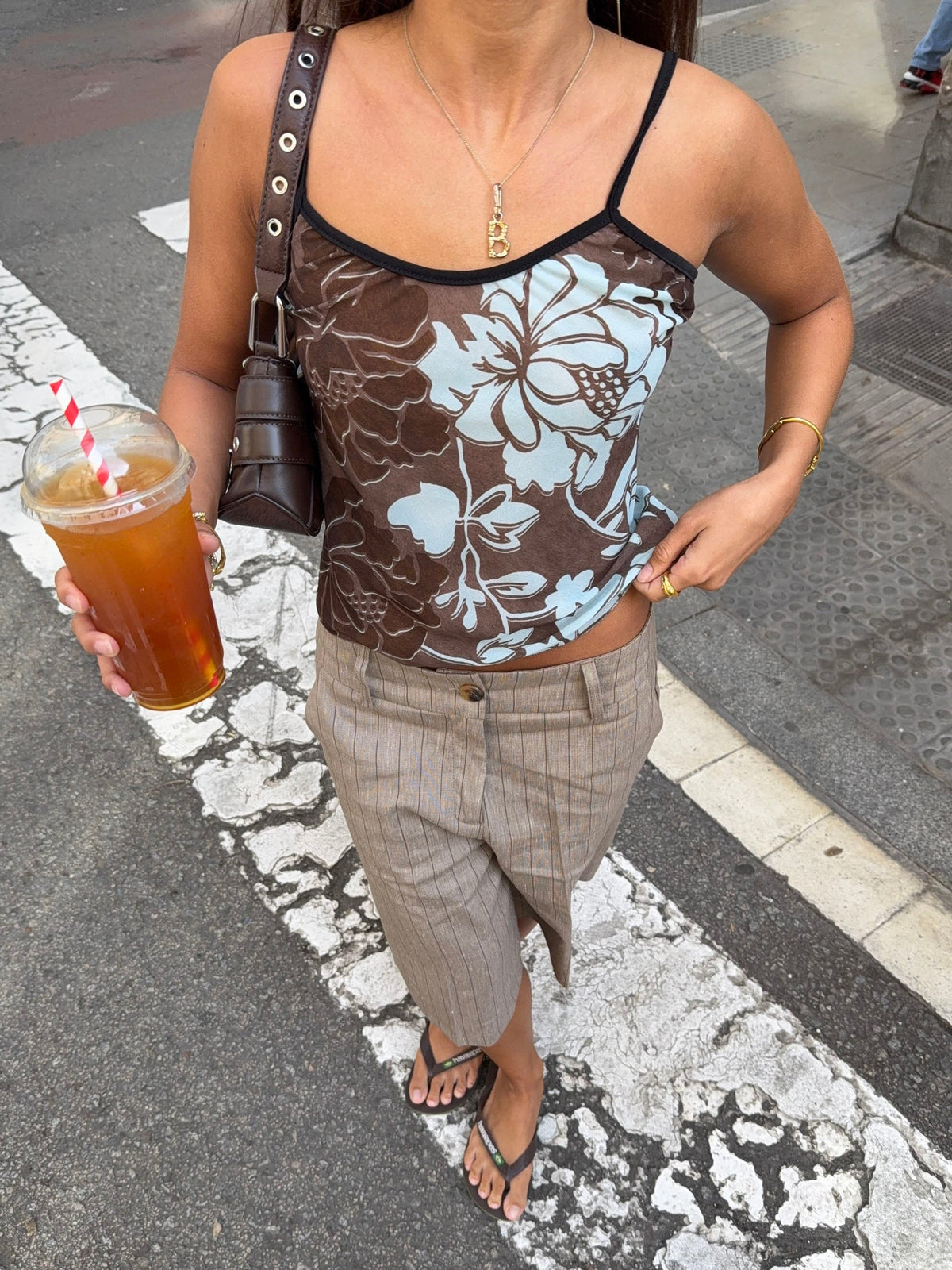 Candela top with flowers – Blue/brown