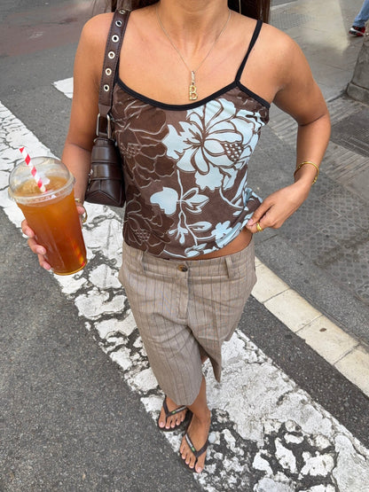 Candela top with flowers – Blue/brown