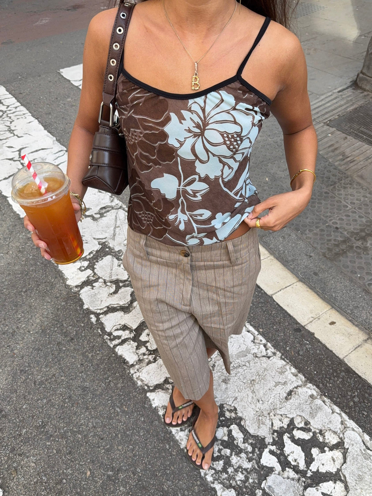 Candela top with flowers – Blue/brown