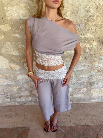 Cameline top with lace - Beige/white