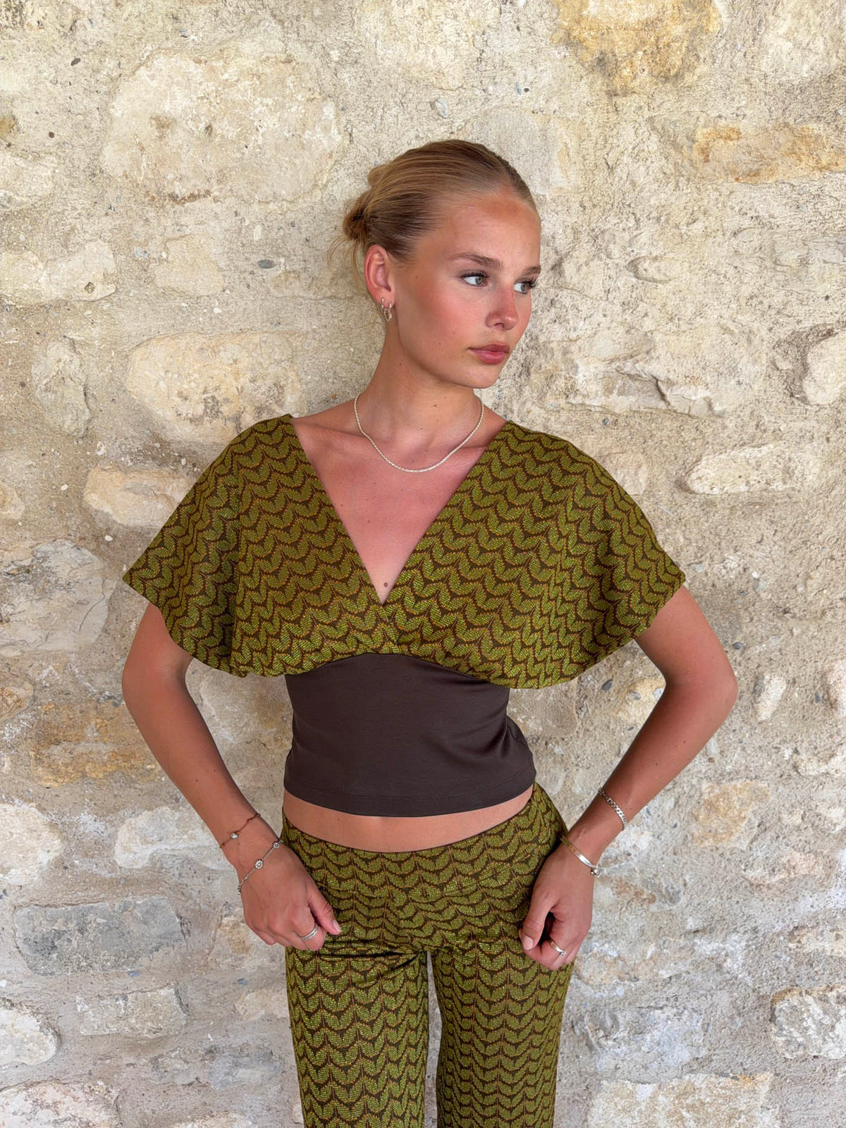 Livia top with pattern - Grøn/kaki