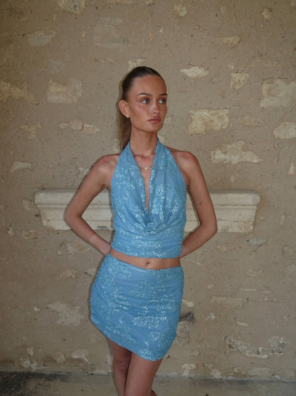 Aladina top with sequins flowers - Blue