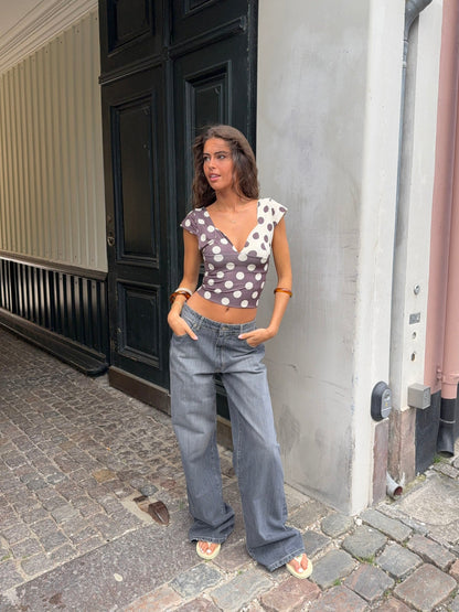 Nickeline v-neck top with polka dots - Brown/off white