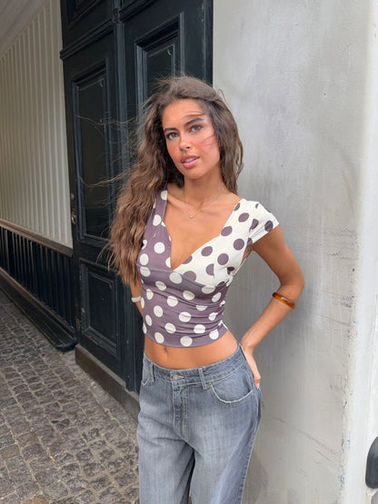 Nickeline v-neck top with polka dots - Brown/off white